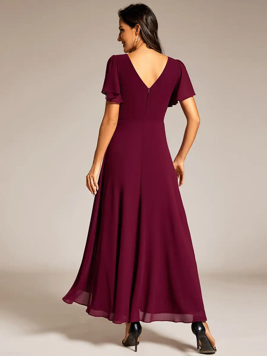 Classic Evening Dresses Deep V-Neck A-Line Ruffles Sleeves Short sleeve 2025 Ever Pretty of Chiffon Burgundy Bridesmaid dress