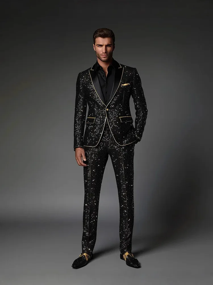 Mens Black Sparkly Sequin Tuxedo Suit Gold Trim Shawl Lapel Jacket Pants Set Wedding Prom Party Stage Costume