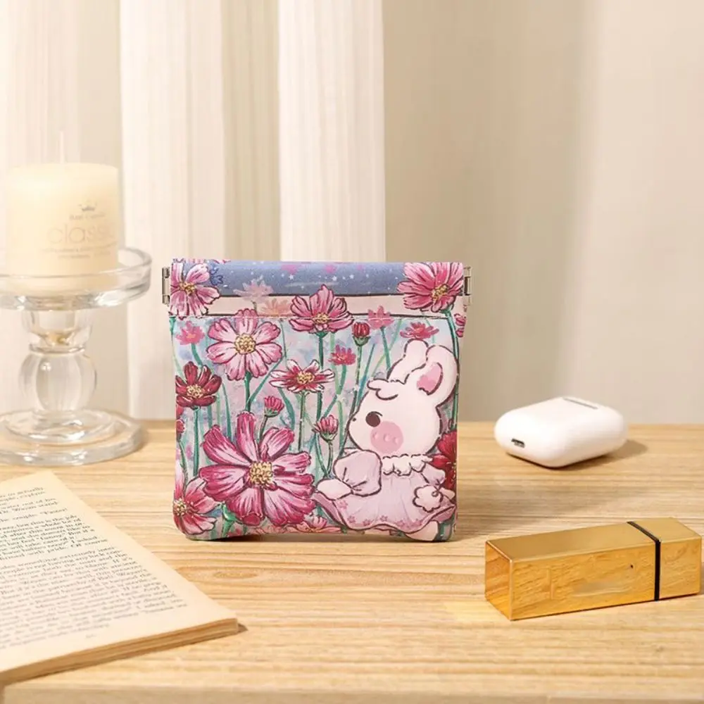 Simple Pu Leather Mini Cosmetic Bag Print Self-closing Coin Purse Flower Automatic Closed Lipstick Storage Bag Earphone Bag