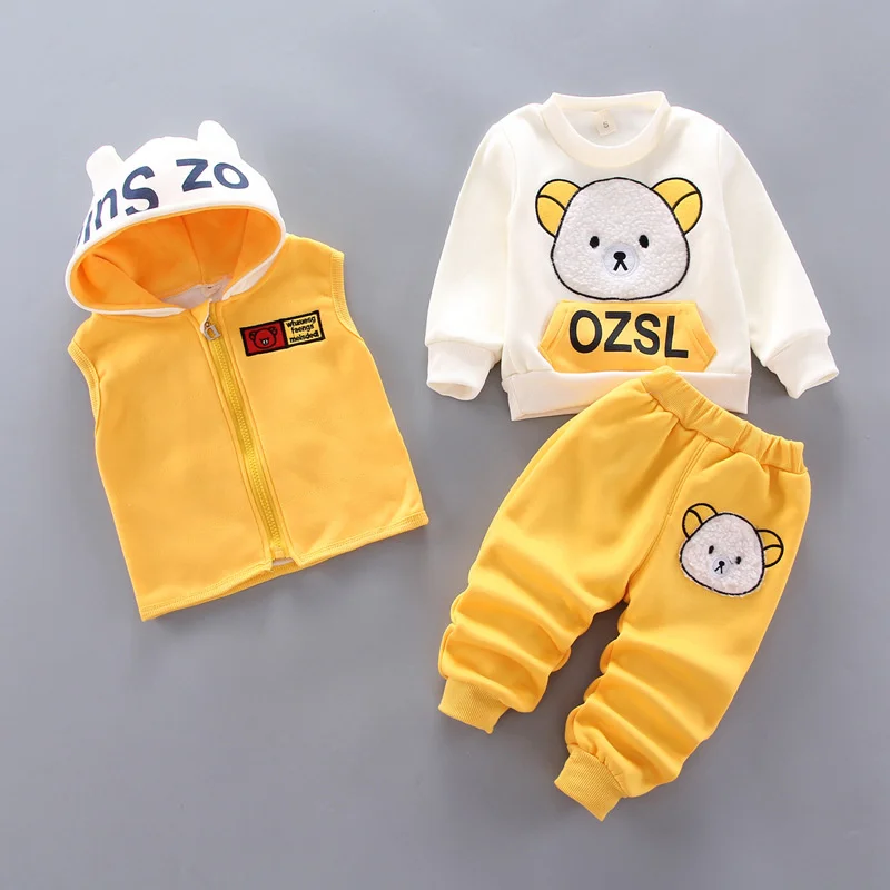 Conjunto de ropa para bebé, traje grueso y cálido de algodón, suéter con capucha de dibujos animados, traje de lana de tres piezas para niño y niña,
