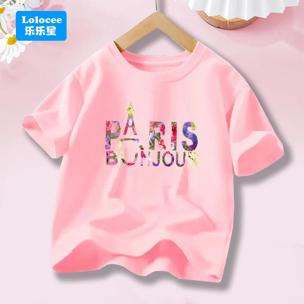 Mädchen-T-Shirt mit Paris Bonjour-Blumen-Grafik, lässig, Rundhalsausschnitt, kurzärmelig, T-Shirt mit Eiffelturm, Vintage-Design, Baumwolloberteile, BLH1