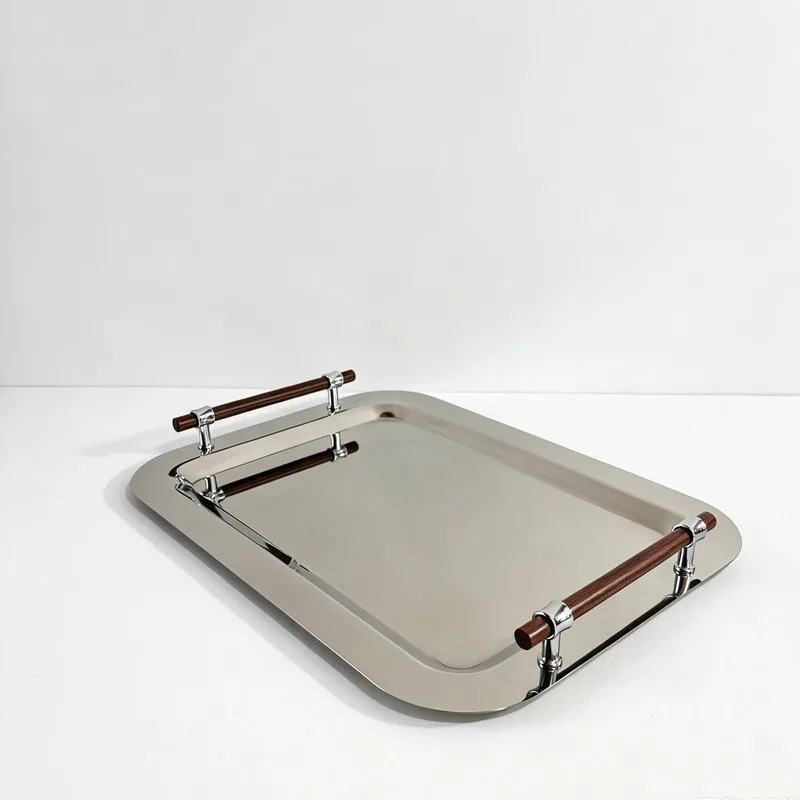 Metal Decorative Tray Wooden Handle Flat-bottomed Stainless Steel Trays Living Room Simplicity Elegance Tray Home Organization