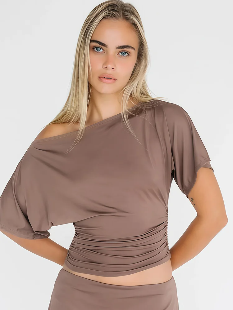 Absobe Off Shoulder Ruched Crop Top Women Basics Solid Color Skew Collar Short Sleeve T-shirts Summer Casual Streetwear Tees image 6