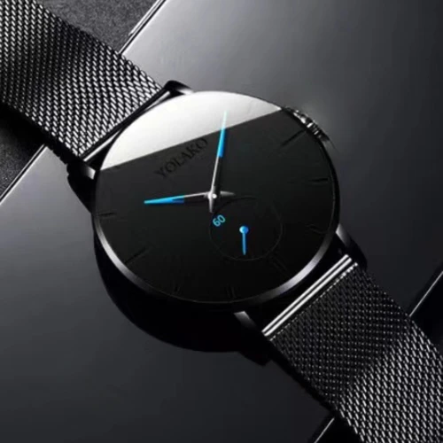 Imagen 2 del producto Relojes informales de cuarzo minimalistas ultrafinos para hombre, reloj de cuero para hombre, banda de malla de acero inoxidable Simple, reloj masculino