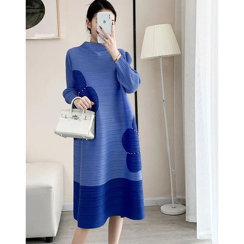 French Women Stand Collar Long Dress Female Fashion Color Blocking Pleated Vestidos Summer Ladies High-end A-line Maxi Dresses
