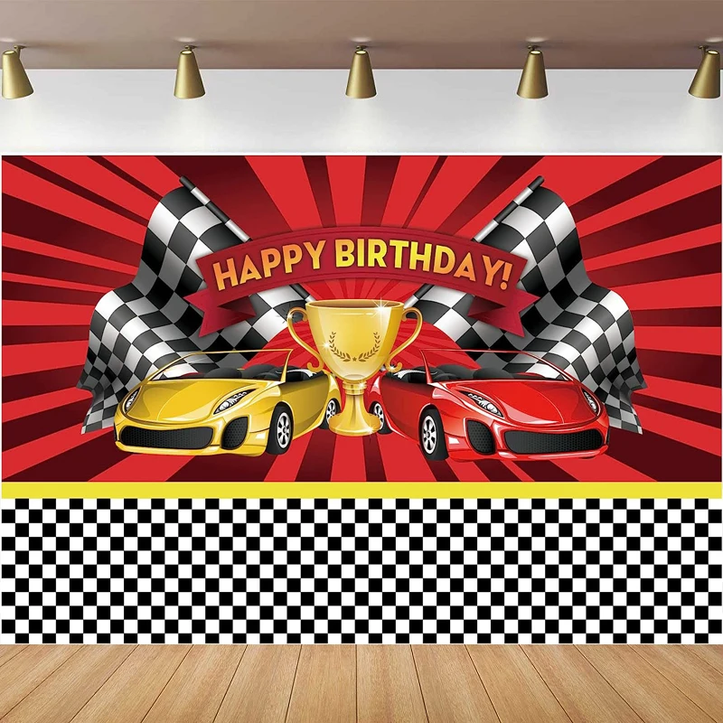 

Racing Car Themed Birthday Photography Backdrop Champion Flag Black White Grid Red Background for Boy Party Decor Photo Booth