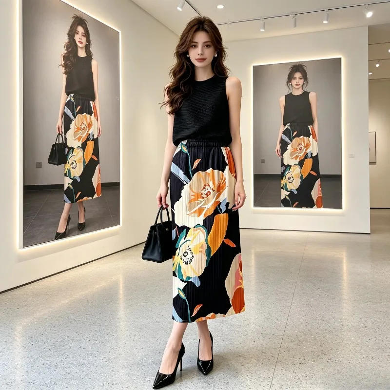 Miyake Pleated 2026 New Original Pleated Summer Mid-Length Skirt Versatile Casual Fashion Retro Oil Painting Floral Print Pleat