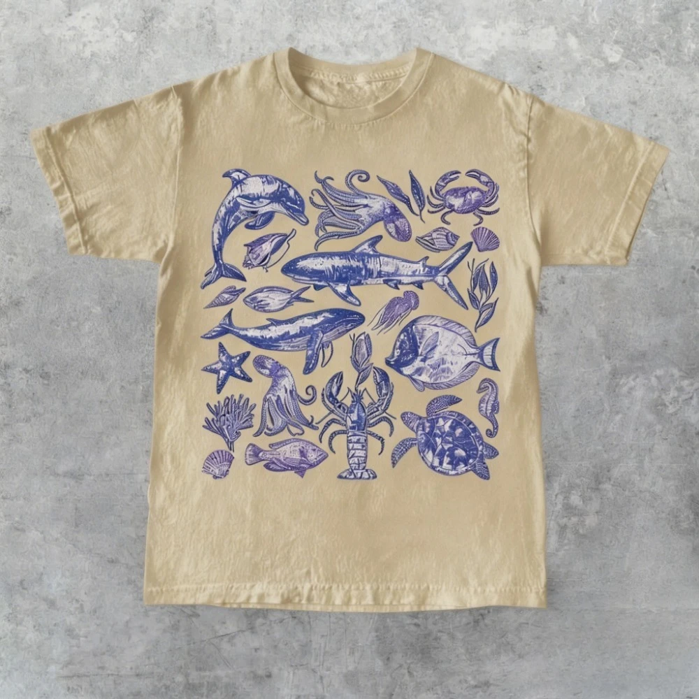 Sea Creatures Retro 90s Tshirt Ocean Lovers Nature Shirt Sealife Ocean Plants Shirt Fish Lovers Gift Sea Animlas Ocean Shirts