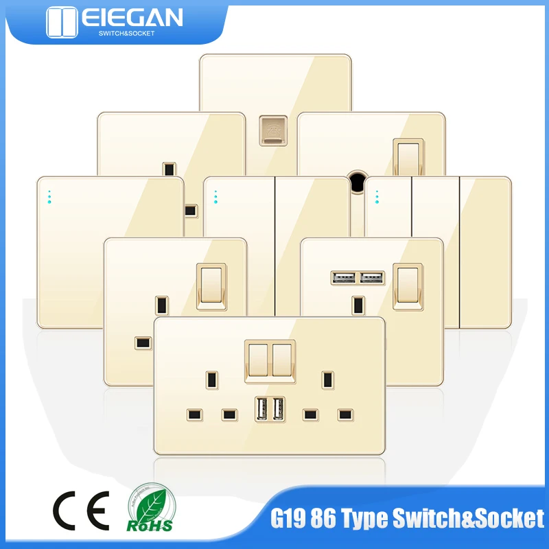 

UK EU standard wall mounted power switch USB C-type fast charging socket tempered glass universal 1/2 way switch doorbell switch