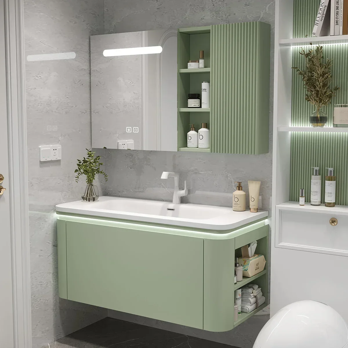 

13. Комбинированный шкаф для умывальника, вишнево-розовый шкаф для ванной комнаты, искусственный камень, цельная раковина