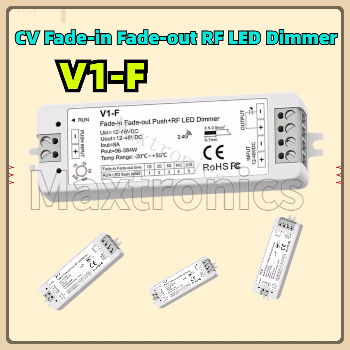 V1-F CV Fade-in Fade-out RF LED Dimmer Push Dim 12V-48VDC 1CH*8A 5 Fading Speed/Step-less Dimming For Single Color LED Strip