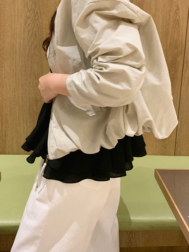 

Women's New Spring Summer Autumn Simple Loose round Neck Zipper Long Sleeve Three-Proof Windbreaker Sunscreen F102 Short Coat