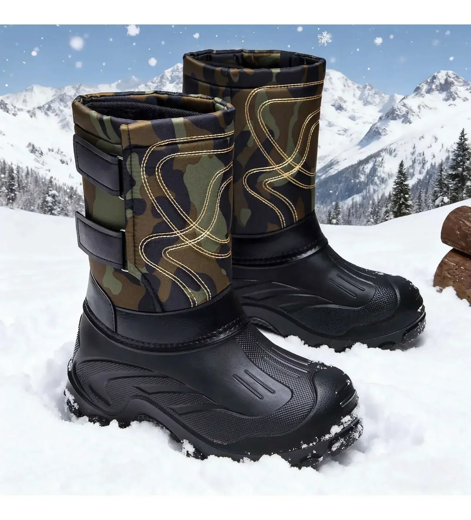 Herren Winter-Schneestiefel mit mittlerer Schaftlänge, Camouflage-Motiv, Klettverschluss-Design, wasserdicht, rutschfeste Gummisohle, warme Outdoor-Stiefel – Detail 10