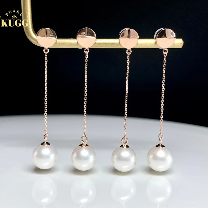 

KUGG PEARL 18K Rose Gold Earrings 8-8.5mm Natural Freshwater Pearl Drop Earrings for Women Fashion Metal Style High Jewelry