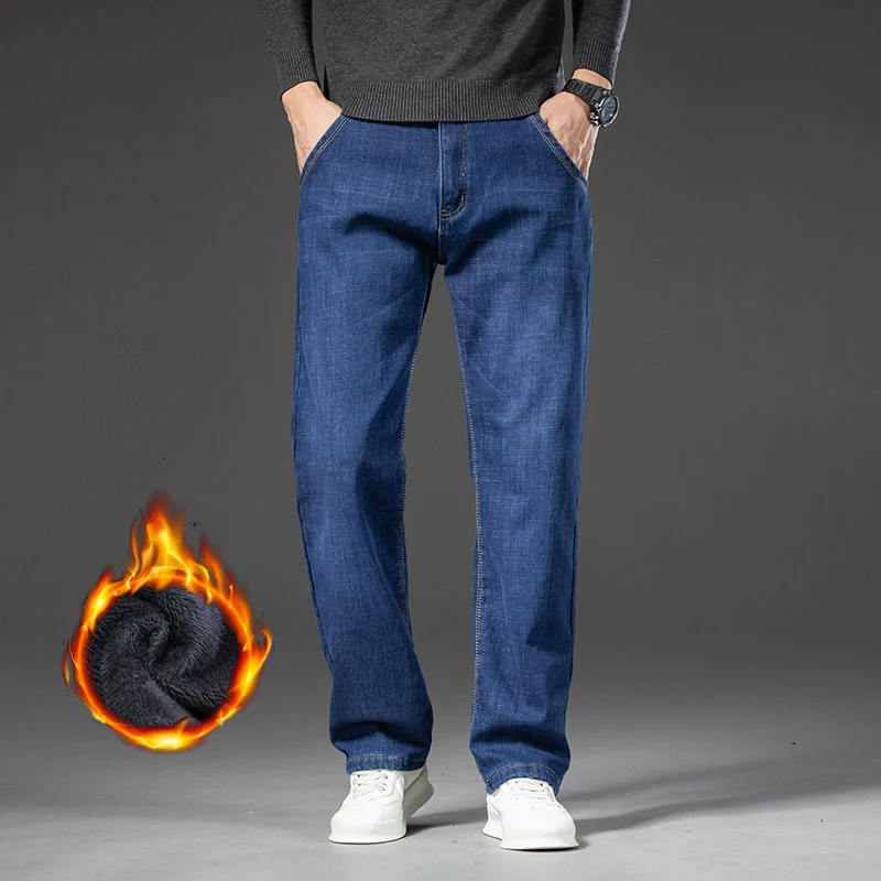 تمتد الصوف الجينز الرجال شتاء الأعمال الجديدة مريحة سميكة المخملية سراويل جينز موضة مستقيم عادية الذكور أفخم بنطلون