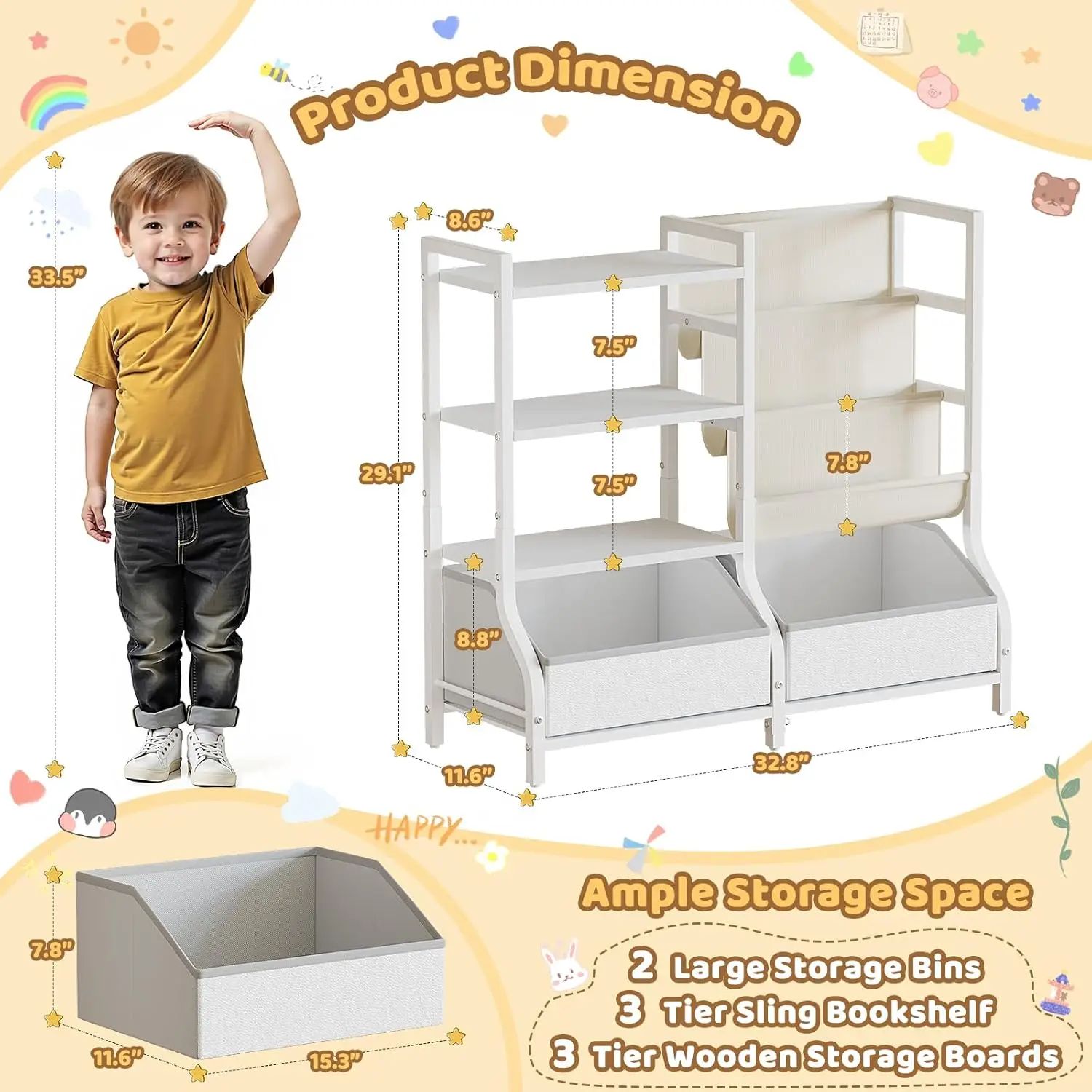 

Kids Bookshelf And Toy Storage Organizer, 3 Tier Bookshelf For Kids, Toddler Bookshelf, Kids Bookcase, Montessori Bookshelf