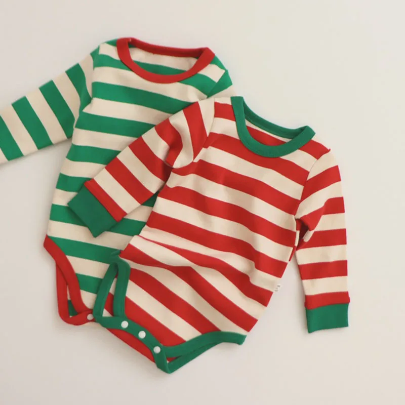 Pure Cotton Baby Pajamas Sets Red Green Striped Infant Boy Girl Pyjamas Romper Pants 2pcs Sets Long Johns For Christmas New Year