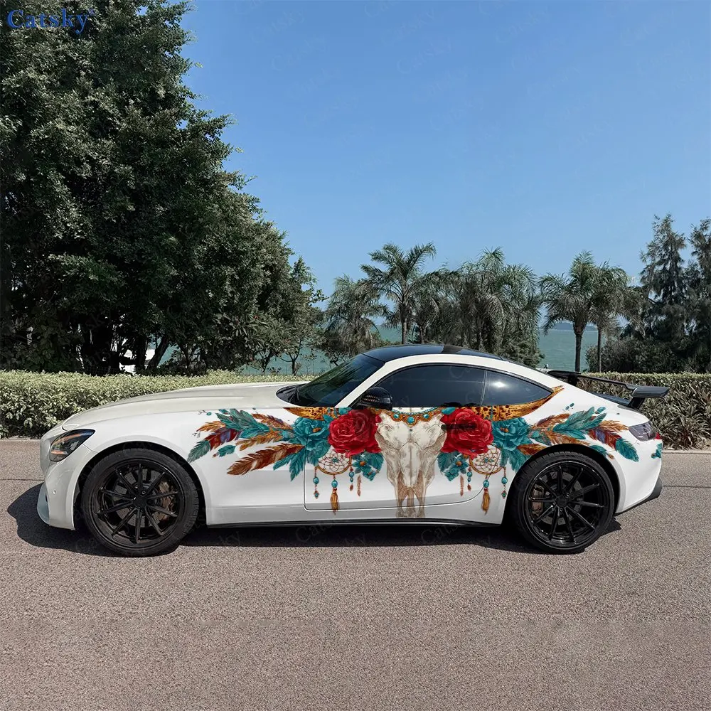 2pcs Bohemian Rose Deer Skull Car Side Wraps, Self-Adhesive PVC Waterproof & Scratch-Resistant Stickers, Car Accessory Gift