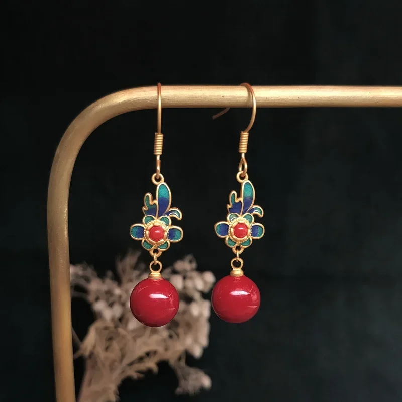 

Chinoiserie Vintage Copper Plated Enamel Painted Red Bead Palace Style Earrings for Women Dress Hanfu Cheongsam Girlfriend Gift
