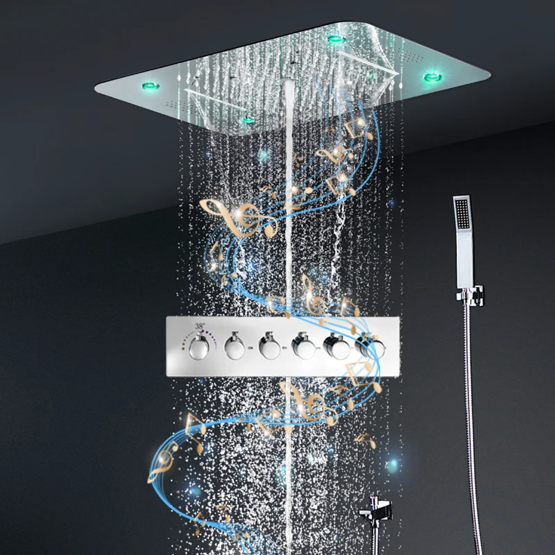 Luxury LED 5 Functions Shower Set LED Music column mist waterfall rain Thermostatic High flow diverter Valve