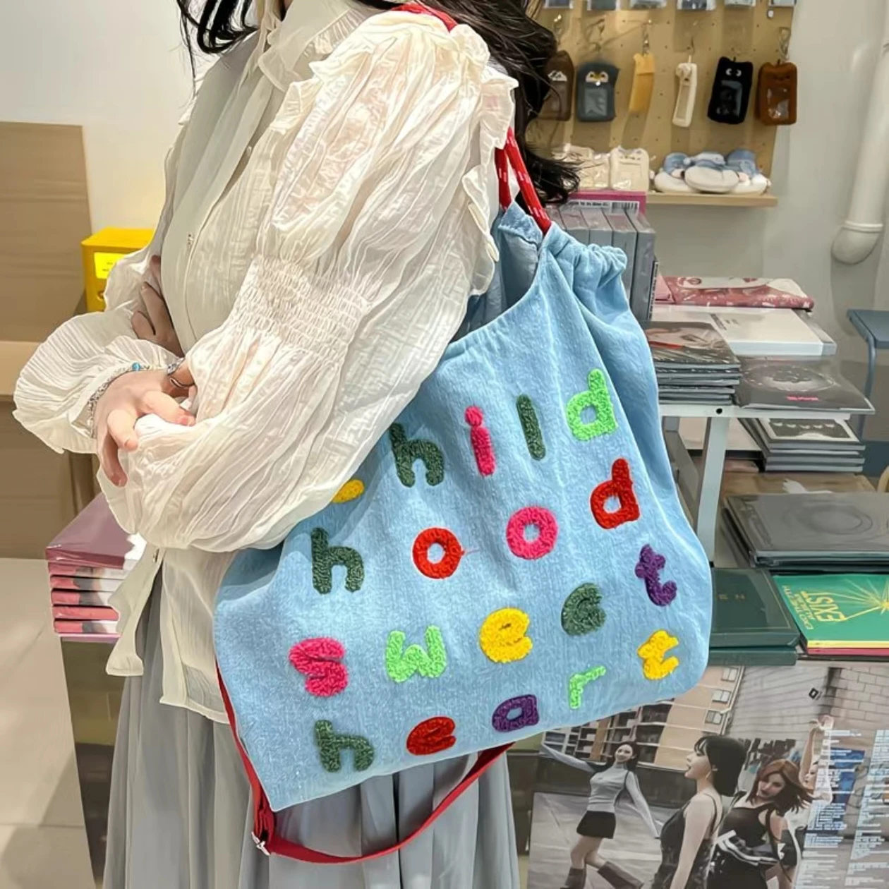 

Casual Letter Embroidered Denim Commuting Shopping Shoulder Bag with Large Capacity Crossbody Bag