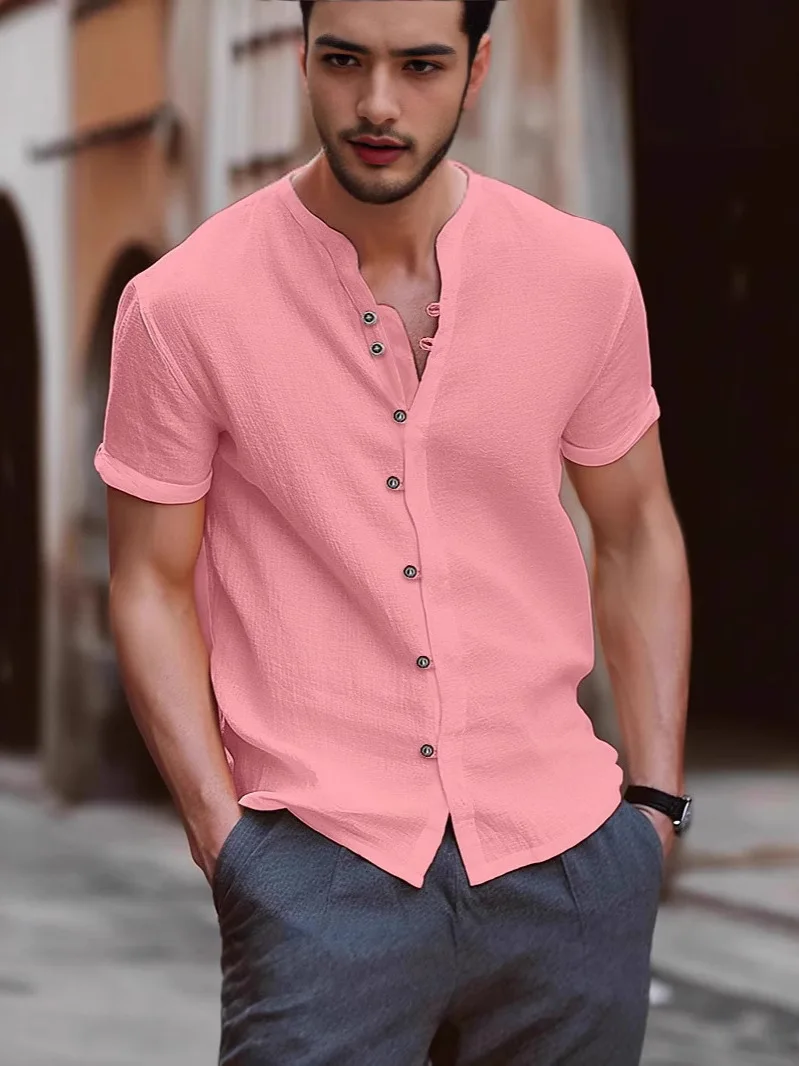 

Faionable Pure Color Retro Button Casual ort Sve irt Мужская летняя дышащая полиэфирное волокно Свободный крой круглый Ne