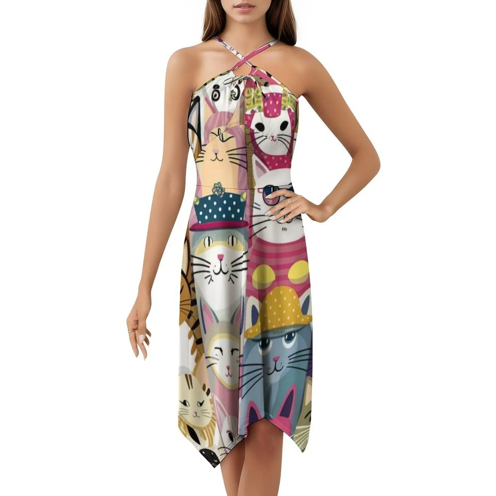 القط سلس نمط التوضيح البوهيمي بلا أكمام فستان متعدد طباعة عطلة الشاطئ فستان الحفلات القط التوضيح القط