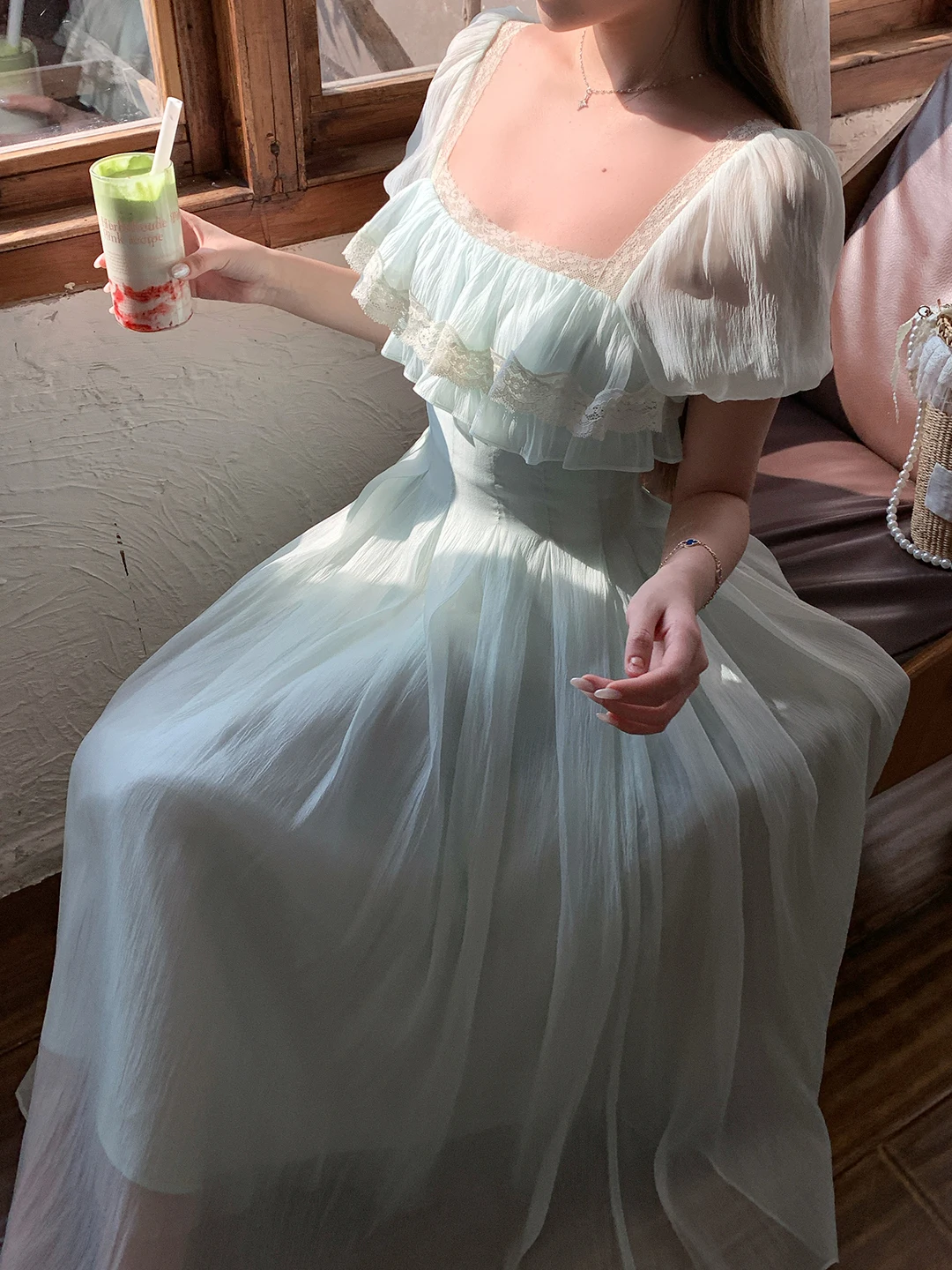 

Mint Lemon Girl Feel High Waist A-Line Dress Square Collar Long Skirt French Style Short Sleeve Bubble Sleeve Zipper Cl...