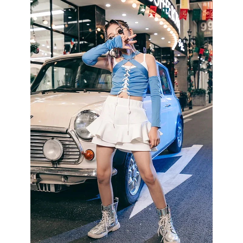 

ZZL Fashion Girl's K-pop Stage Outfits Blue White Y2K Clothes Off-the-shoulder Dress Urban Dance Runway Performance Show Cool