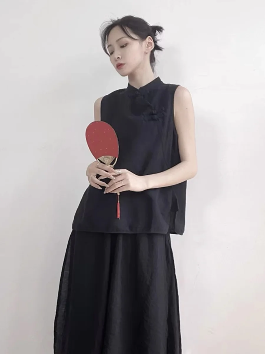 Verão novo sle retro algodão linho feminino artístico seda buttonl vela colete solto ajuste coreano sle irt