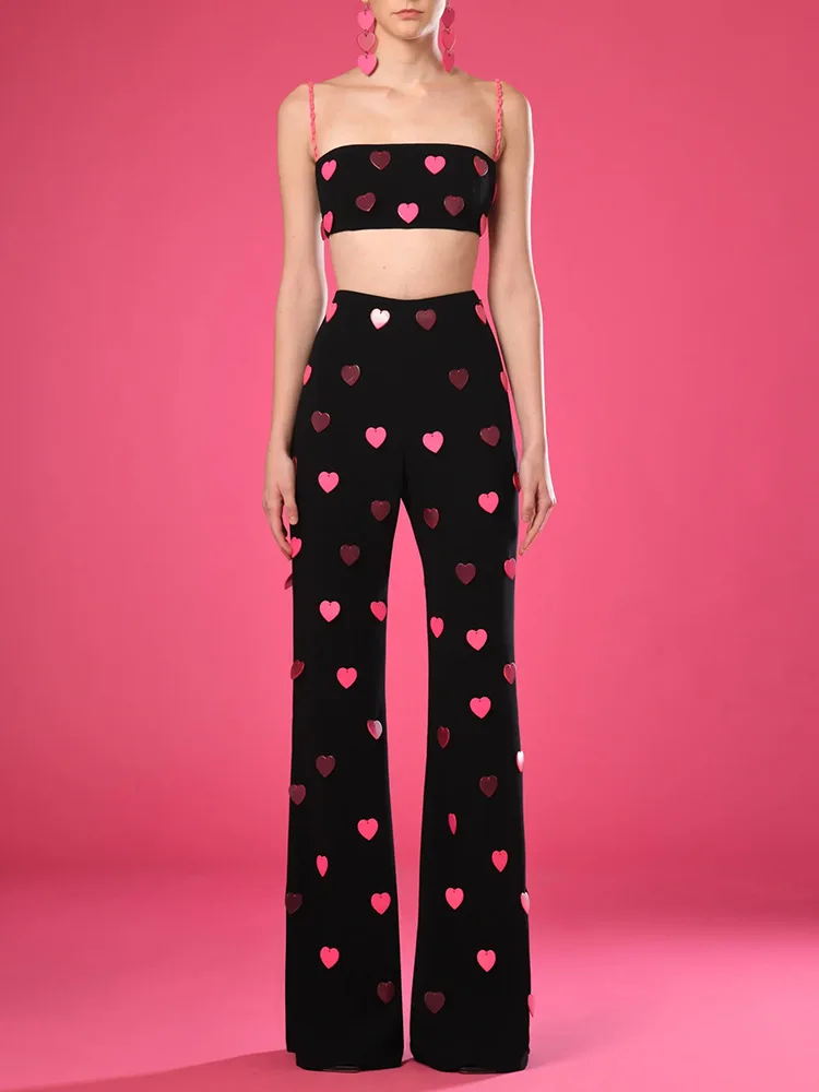 HIGH QUALITY New Fashion 2025 Designer Blazer Suit Set Women's Heart Shaped Sequin Camis Tank Tops Pants Suit 2pcs Set