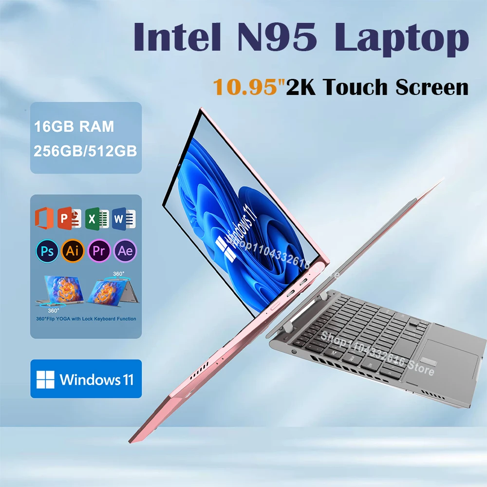 2024 New 10.95 inch 360° Flip OLED Touch Screen Laptop Windows 11 Intel N95 Laptop 16GB DDR5 RAM 2TB SSD ROM Aluminum alloy body