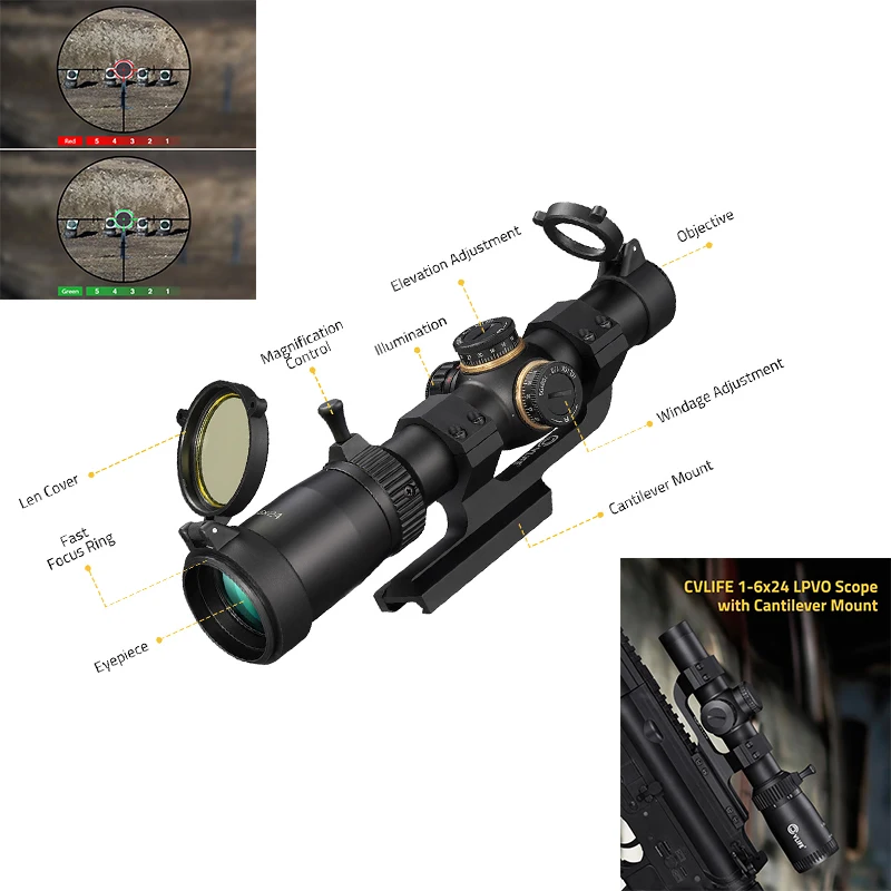 

CVLIFE Rifle Scope 1-6x24 LPVO Riflescope Optics Sights with 30mm Cantilever Mount for Picatinny Rail Second Focal Plane