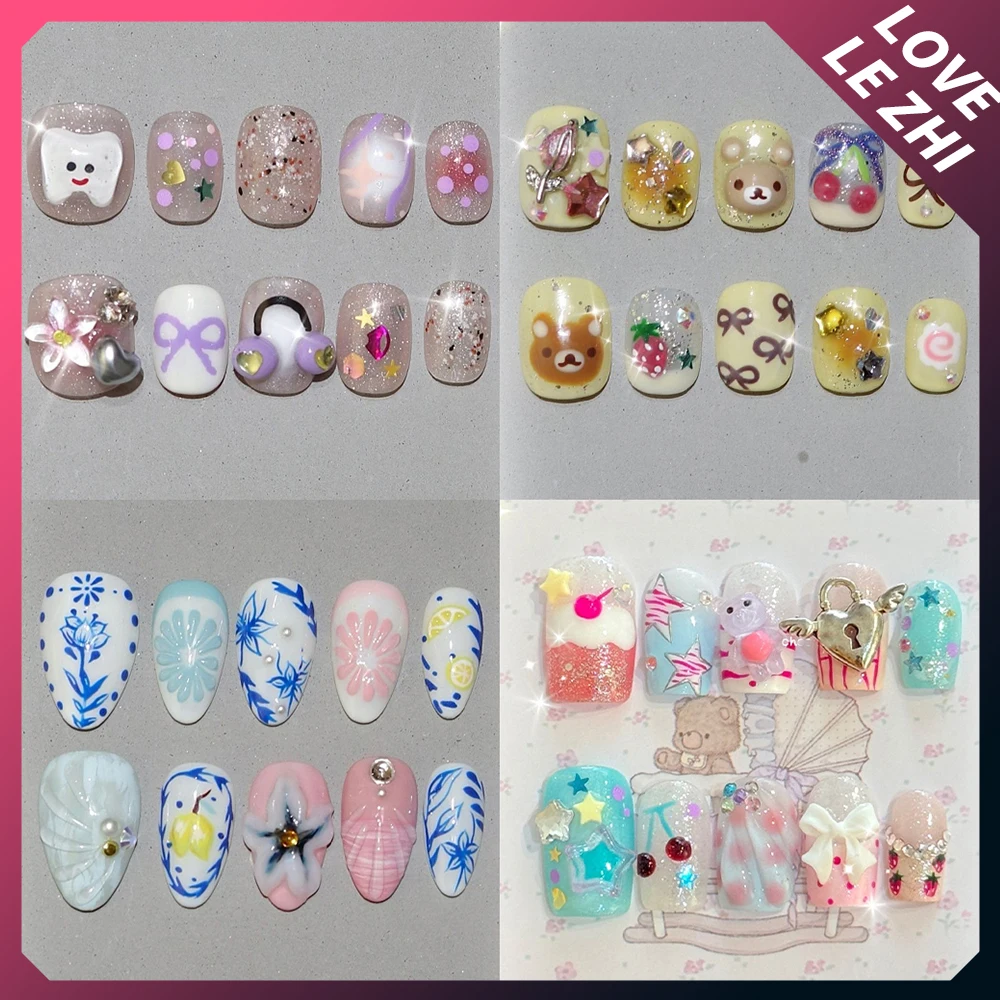 

Sweet Lovely Rilakkuma Short Square Ruond Almond Handmade Press On Nails Flower Bowknot Strawberry Diamond Sequins Fake Nails