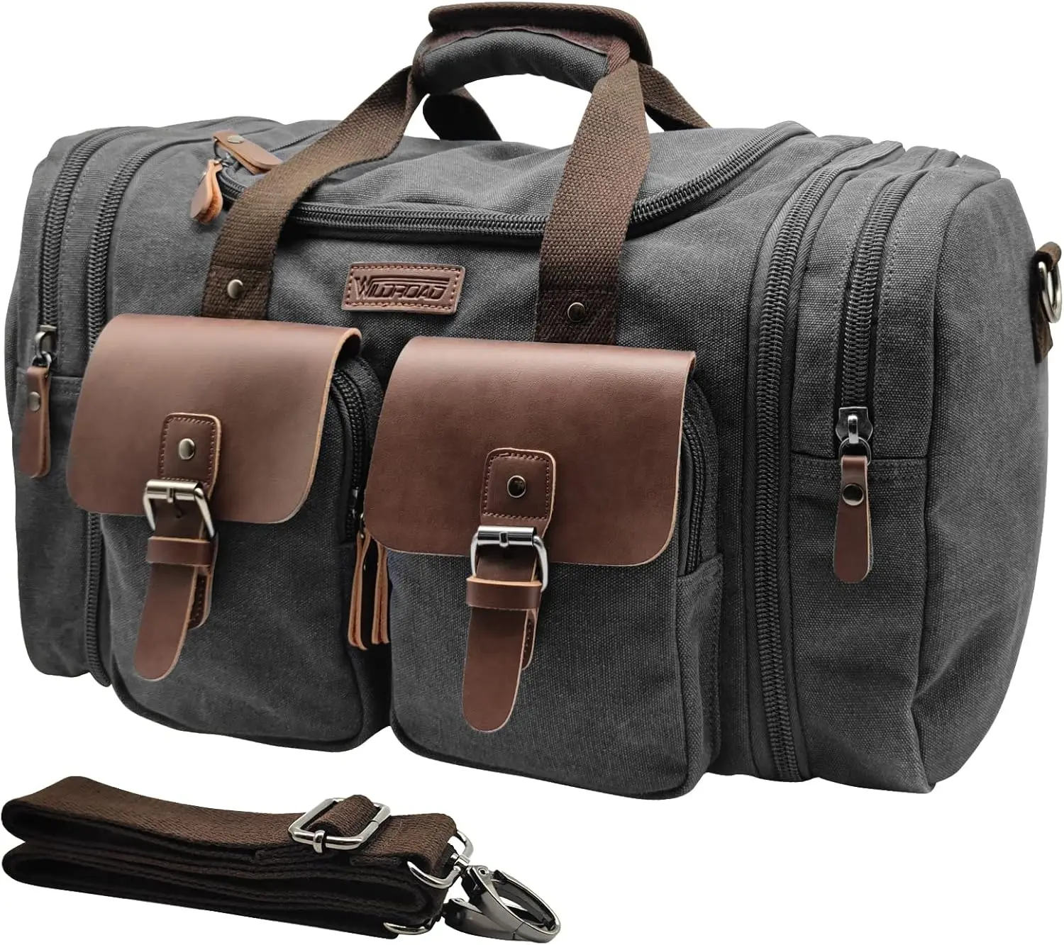 Expandable 60L Canvas Leather Duffle Bag, Waterproof Travel Weekender Carry-On with Shoe Compartment