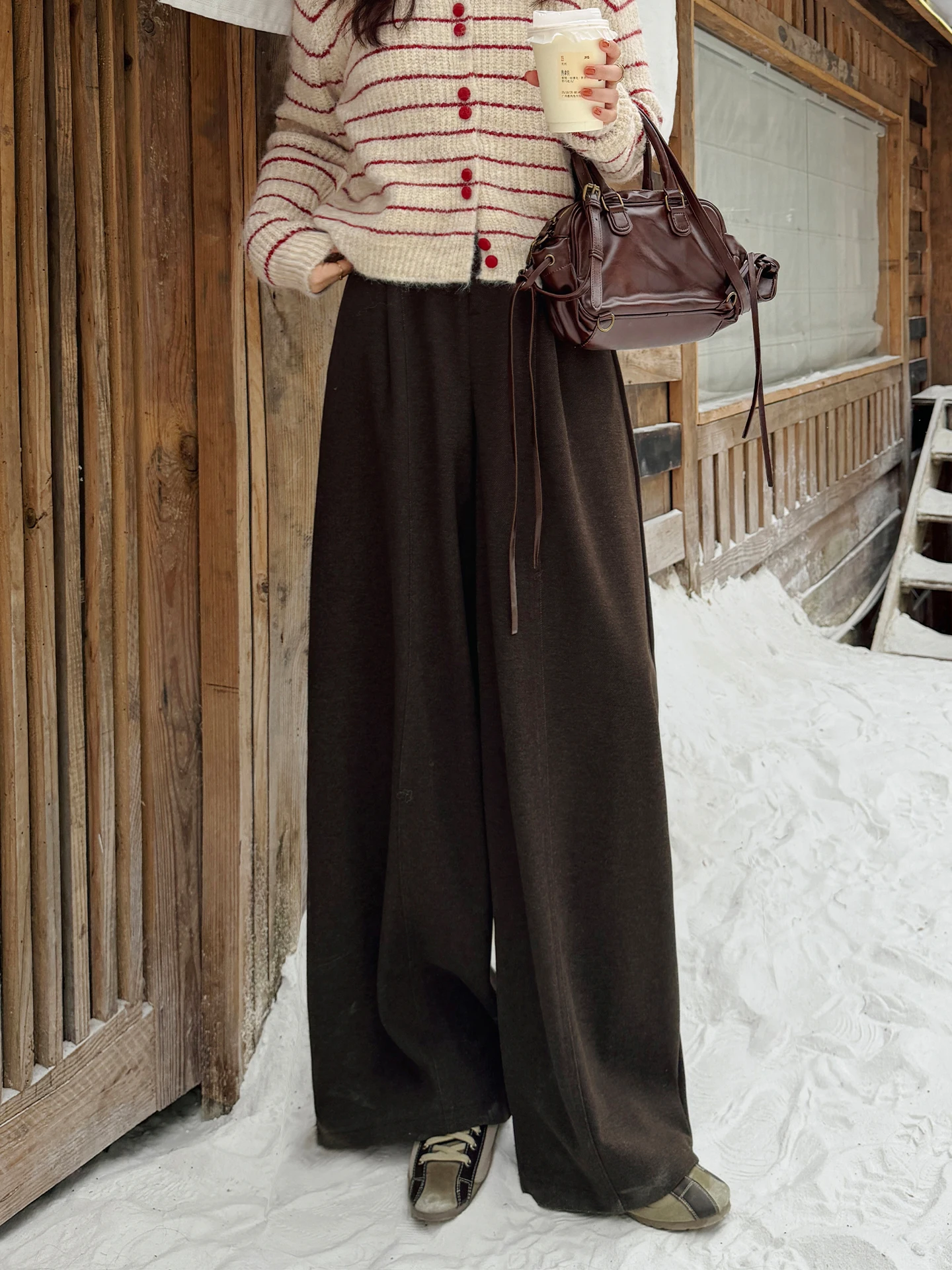 

Коричневые тонкие твидовые брюки с высокой талией, свободного кроя, винтажные, универсальные, с широкими штанинами, прямого силуэта