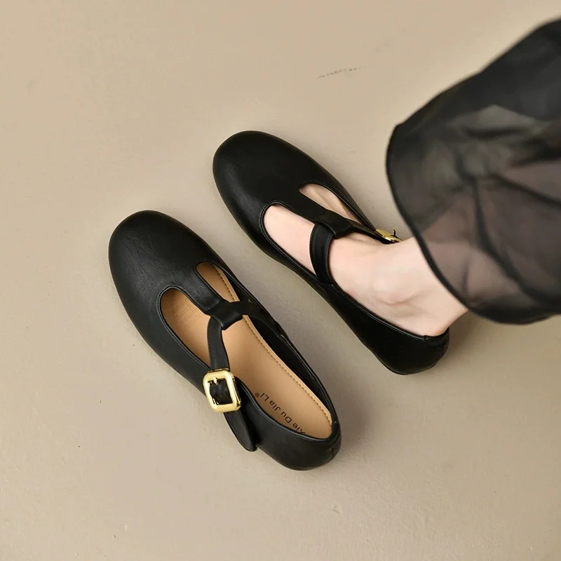Women's T-Strap Mary Jane Flats Leather Shoes Retro Round Toe Soft Leather Flat Shoes for Women Casual Office Work Ballet Flats