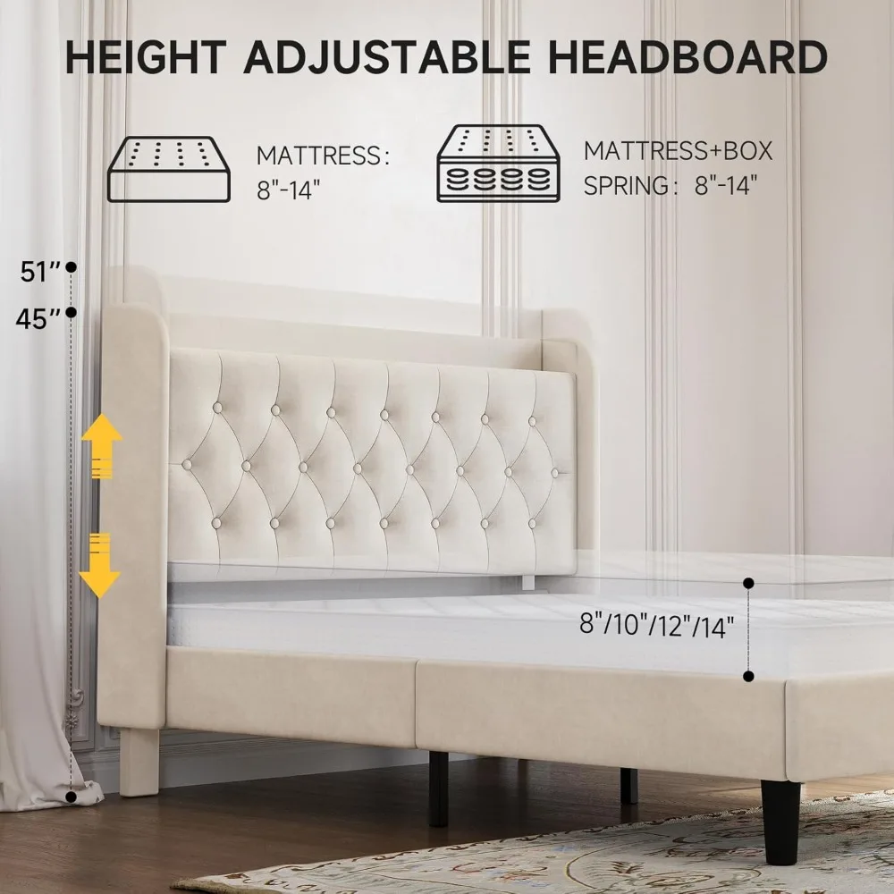 Full Bed Frame with Headboard Adjustable Velvet Upholstered Beds Frame with Type-C&USB Port Full Size Bed Frame