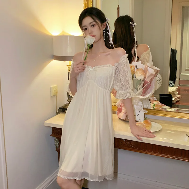 

Women Apricot Nightdress Sexy Home Clothes Sleepwear Soft Comfortable Short Sleeve Nightgown