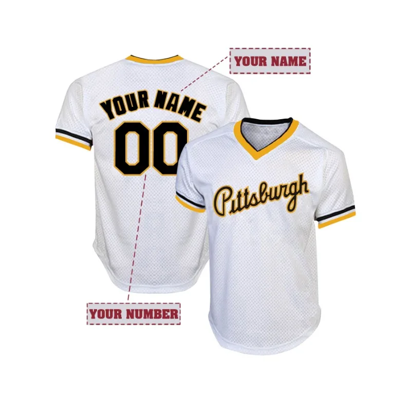 Customized Name And Number Men's Embroidery Baseball Jersey Pittsburgh White V-Neck Personalized Short Sleeve Breathable T-Shirt