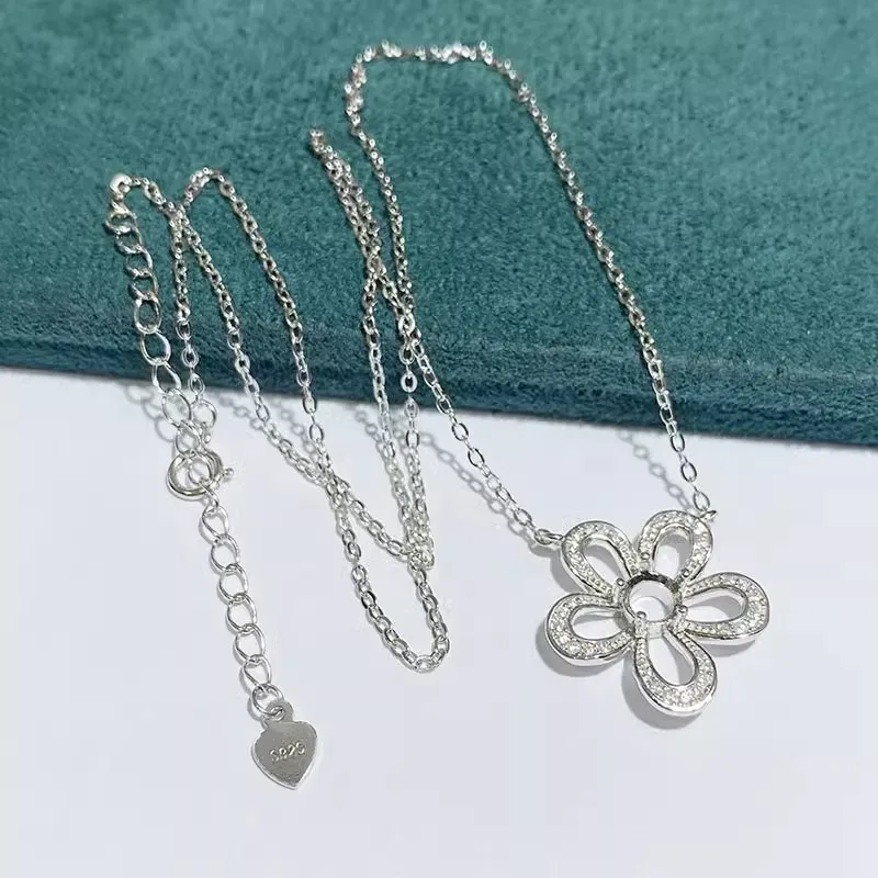 MeiBaPJ 3 Colors 5mm Round Stone Genuine 925 Silver Flower Pendant Necklace Empty Fitting Fine Wedding  Jewelry for Women