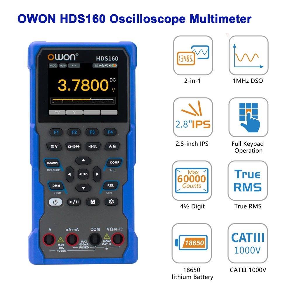 OWON HDS Oscilloscope Multimeter,4.5 Digit 20000/60000 Counts True RMS Multimeter,1MHz 1CH Oscilloscope,AC DC Voltmeter Current