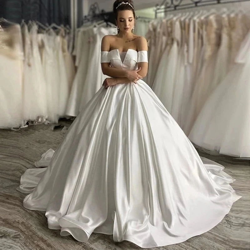 ANGELSBRIDEP Luxury Ball Gowns Wedding Dresses Off-Shoulder Satin Floor Length Vestido De Noiva Formal Bridal Gowns Cheap