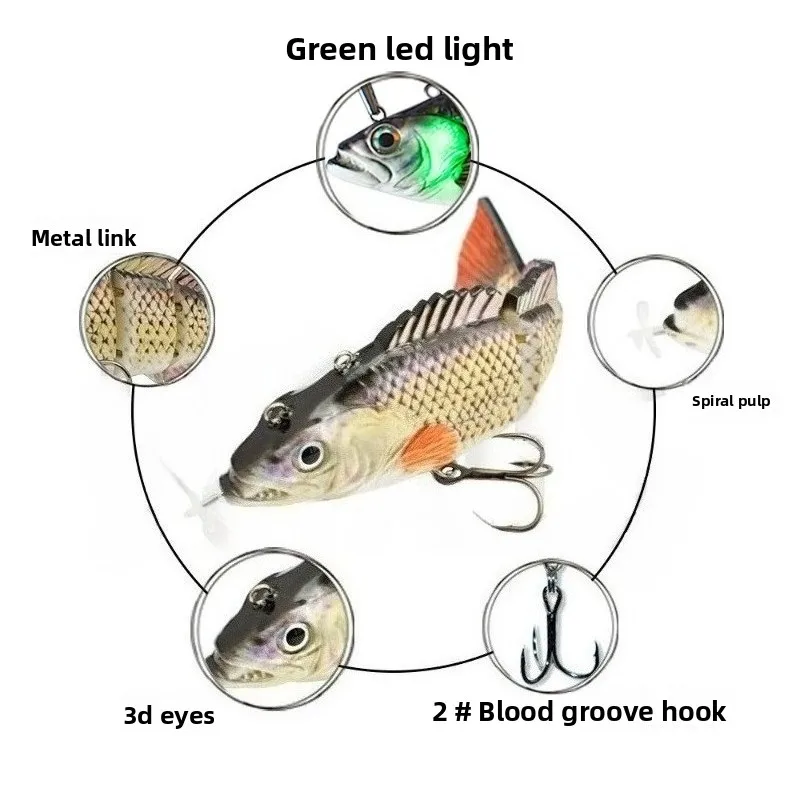 

Rechargeable Multi segment Fish Green LED,Luminous Simulation Hard Bait Swimming Fish Bait,Propeller Electric Road Yaduojie Fish