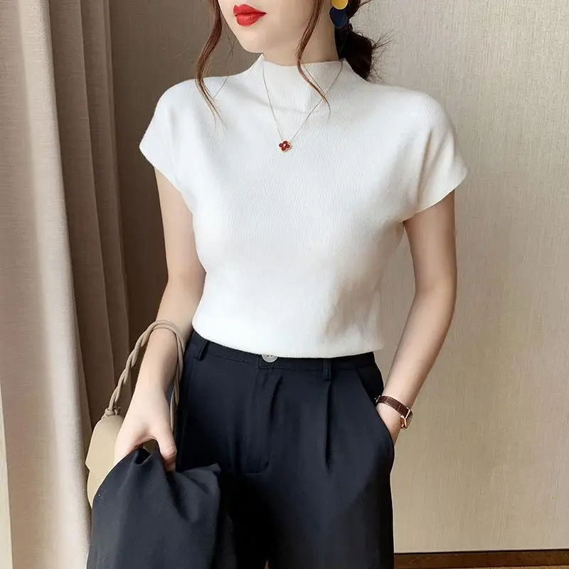 Letnie, dzianinowe, jednolite koszule damskie z krótkim rękawem, dopasowane, luźne bluzki, eleganckie, modne i proste.