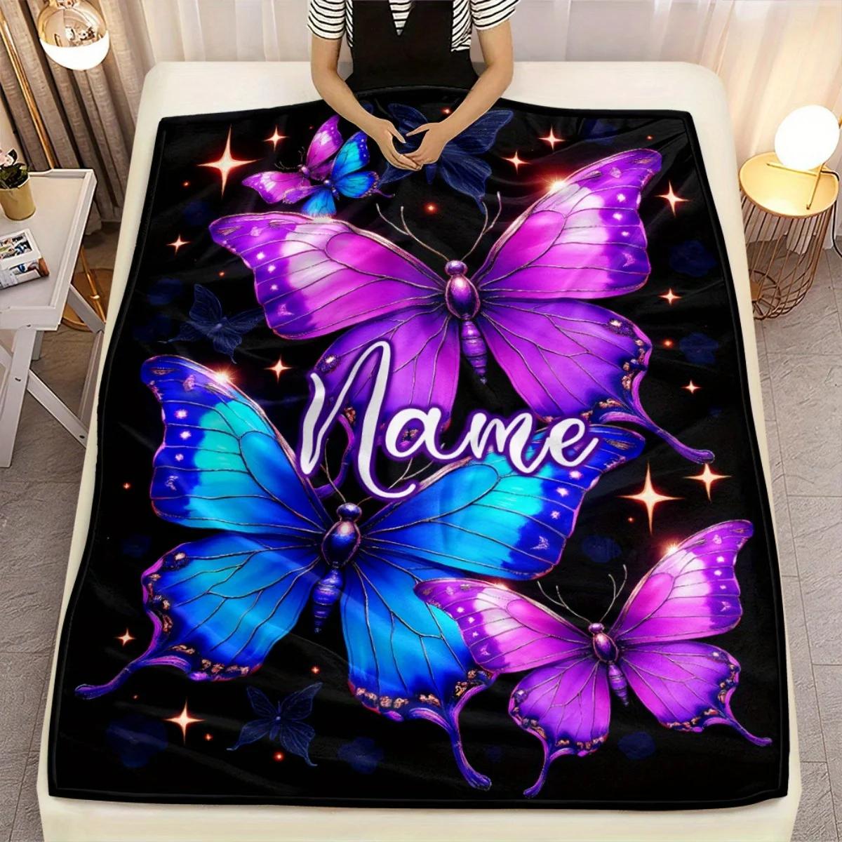 

1 piece customized neon cat blanket lightweight 280g _ square meter flannel, vivid butterfly and starry sky design, soft