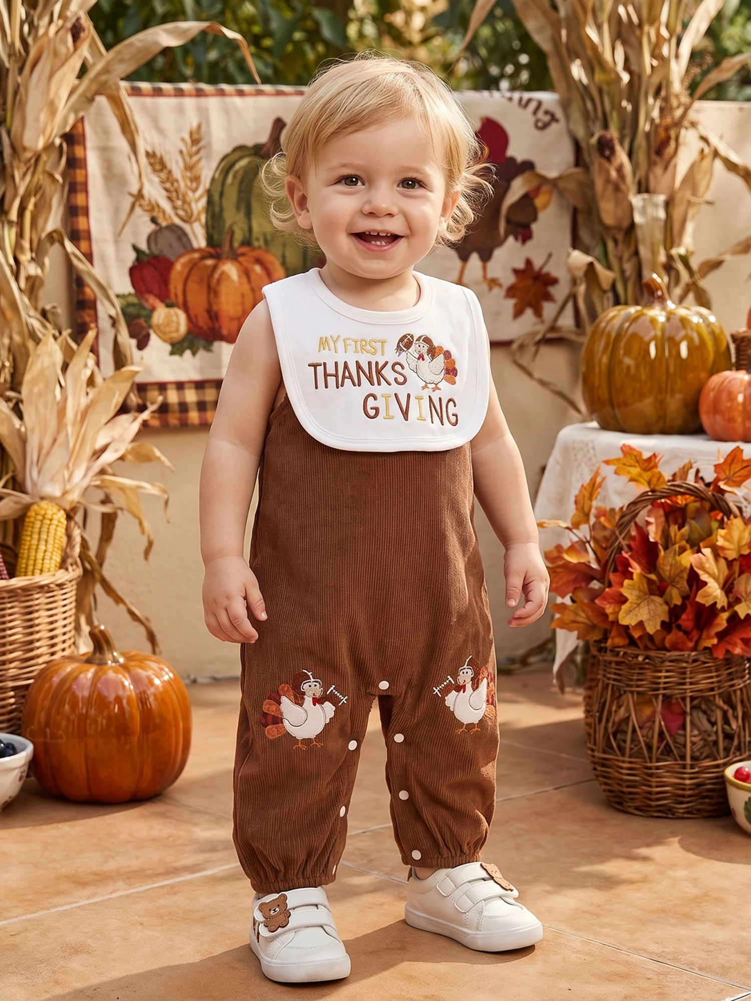 Boy Outfit With Pants With Overall Pants With Turkey Overall Thanksgiving Embroidery High Quality Boy Outfit With