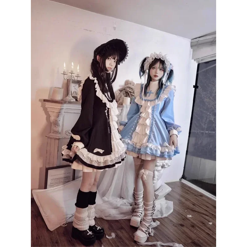 Sky05 Abito Lolita OP gotico giapponese Donna Vittoriano Croce Ricamo Increspature Cosplay Strega Abiti da cameriera Ragazze Dolce Party99Ji *