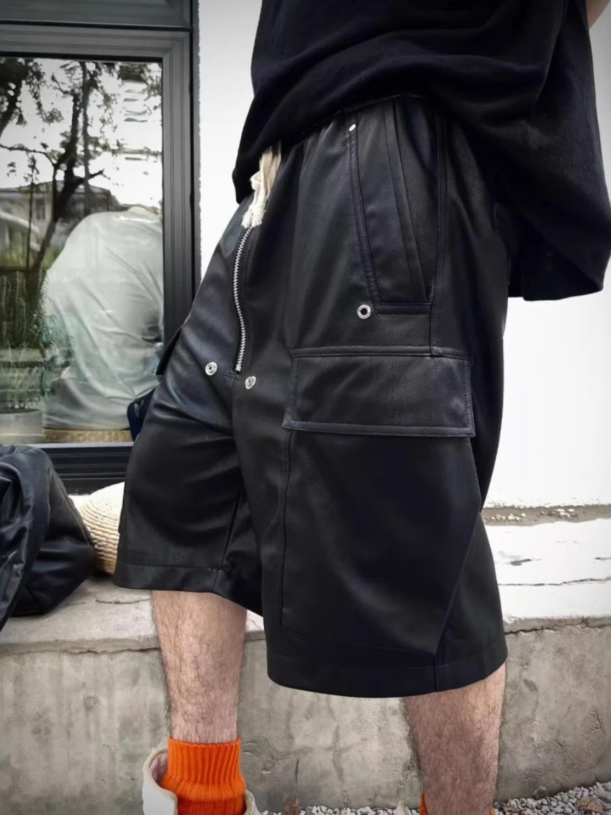 شارع العليا الظلام RO نمط الجلود واسعة الساق السراويل الرجال الظلام نمط عمال متعدد جيب دراجة نارية الصبي خمسة أرباع السراويل #4