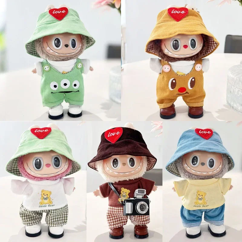 

Cute Mini Plush Doll'S 17cm Labubu I II Idol Dolls Sitting Party Clothing Tops+Pant+Bucket hat+Shoes Outfit Accessories